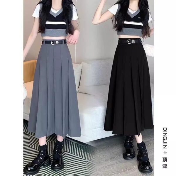 2025 nueva falda negra y gris, falda de longitud media de cintura alta de personaje de primavera, falda plisada, de invierno al estilo estudiante vintage