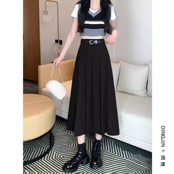 2025 nueva falda negra y gris, falda de longitud media de cintura alta de personaje de primavera, falda plisada, de invierno al estilo estudiante vintage - Image 3