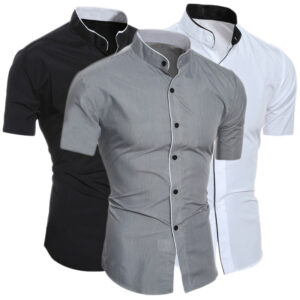 Camisa de manga corta moda casual, camisa de hombre de botonadura simple y cuello chino.