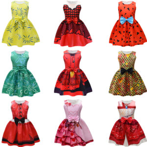 vestidos de niña con estampado de dibujos animados de impresión digital Vestidos de lazo para niñas.