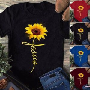 Girasol Estampado de letras inglesas Camiseta de mujer Manga corta Cuello redondo Verano Camiseta  Top