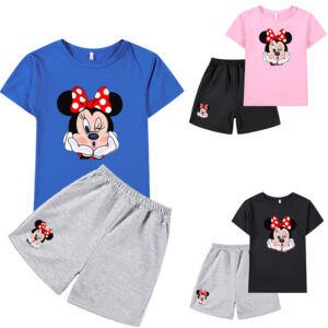 Venta caliente traje de Mickey Mouse dibujos animados impresión gráfica niños medianos y grandes camiseta de manga corta + traje corto