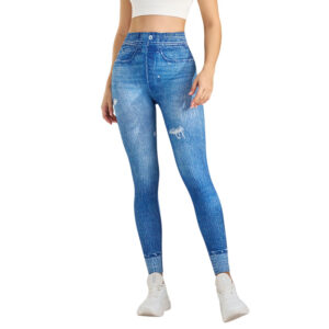 Otoño e invierno deportes al aire libre fitness imitación jeans yoga leggings ajustados cintura alta levantamiento de cadera pantalones alicrados