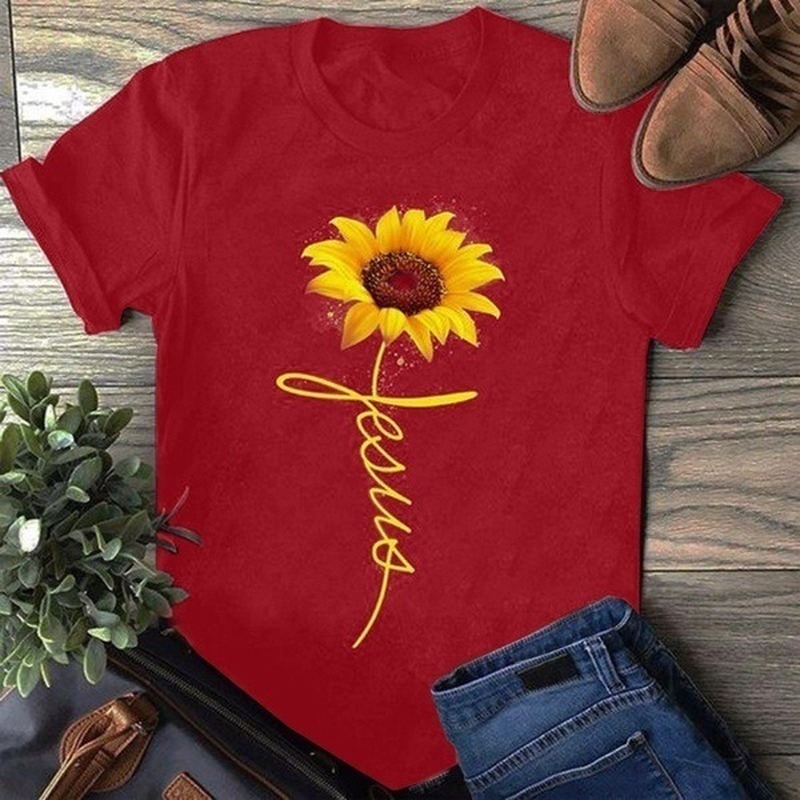 Girasol Estampado de letras inglesas Camiseta de mujer Manga corta Cuello redondo Verano Camiseta Top - Image 2