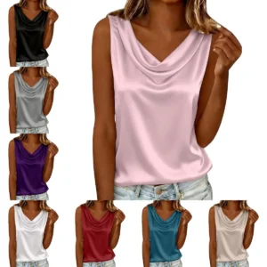 Camiseta sin Mangas para Mujer, Satén, Bloques de Color, Holgada, Cuello Drapeado Elegante, Ajuste Cómodo