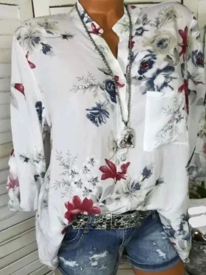 Blusas de verano de talla grande para mujer, blusas de manga larga estampadas con cuello alto y botones, jersey, - Image 3
