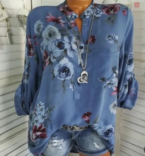 Blusas de verano de talla grande para mujer, blusas de manga larga estampadas con cuello alto y botones, jersey, - Image 2