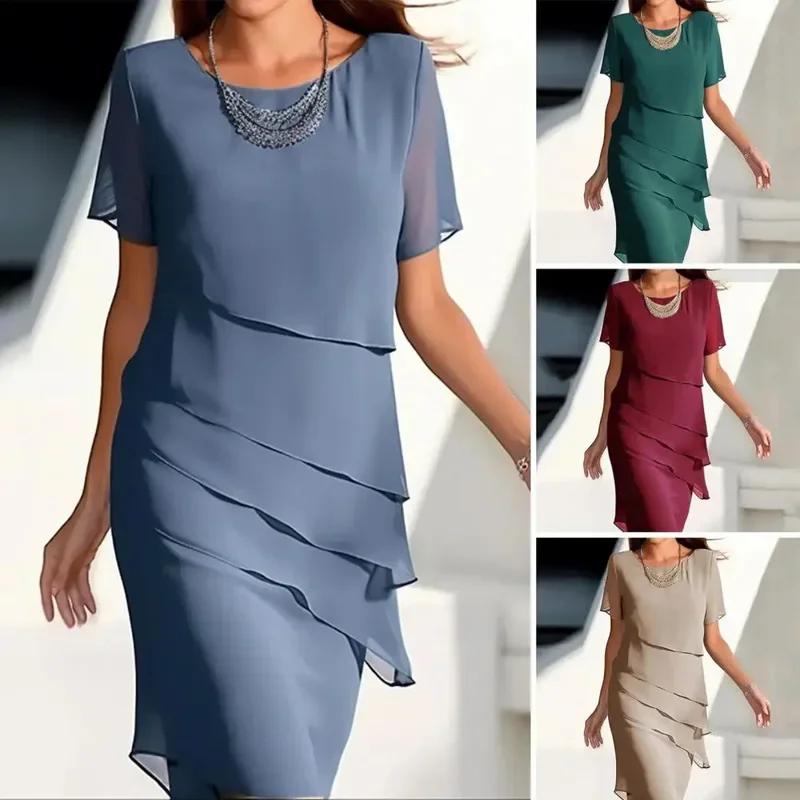 Vestido de Fiesta para Mujer, Chifón, Manga Corta, Cuello Redondo, Asimétrico, Color Sólido - Image 5