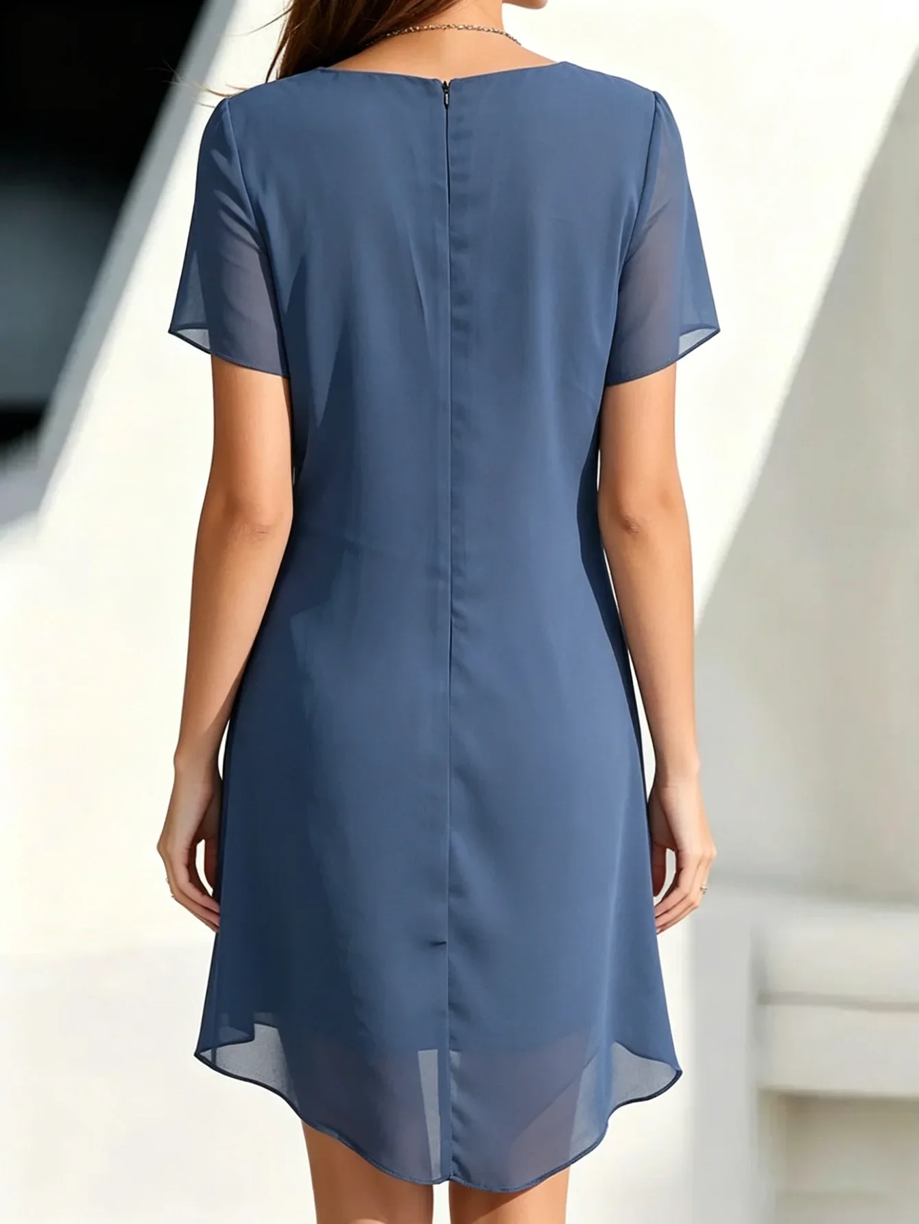 Vestido de Fiesta para Mujer, Chifón, Manga Corta, Cuello Redondo, Asimétrico, Color Sólido - Image 3