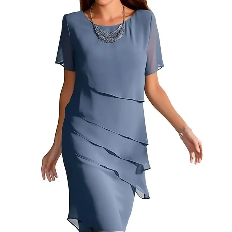 Vestido de Fiesta para Mujer, Chifón, Manga Corta, Cuello Redondo, Asimétrico, Color Sólido - Image 2