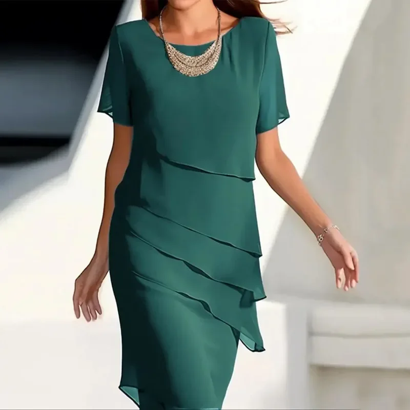 Vestido de Fiesta para Mujer, Chifón, Manga Corta, Cuello Redondo, Asimétrico, Color Sólido - Image 4