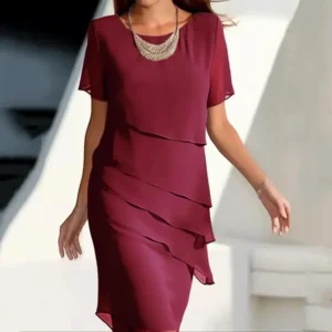 Vestido de Fiesta para Mujer,  Chifón, Manga Corta, Cuello Redondo, Asimétrico, Color Sólido
