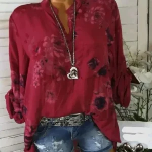 Blusas de verano de talla grande para mujer, blusas de manga larga estampadas con cuello alto y botones, jersey,