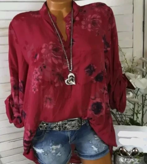 Blusas de verano de talla grande para mujer, blusas de manga larga estampadas con cuello alto y botones, jersey,
