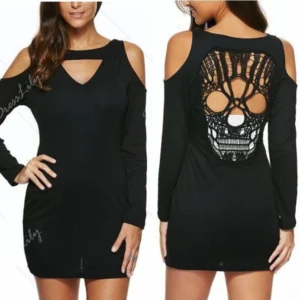 Blusas de mujer sexys para fiestas, camisetas de manga larga estilo punk con calaveras y hombros descubiertos.